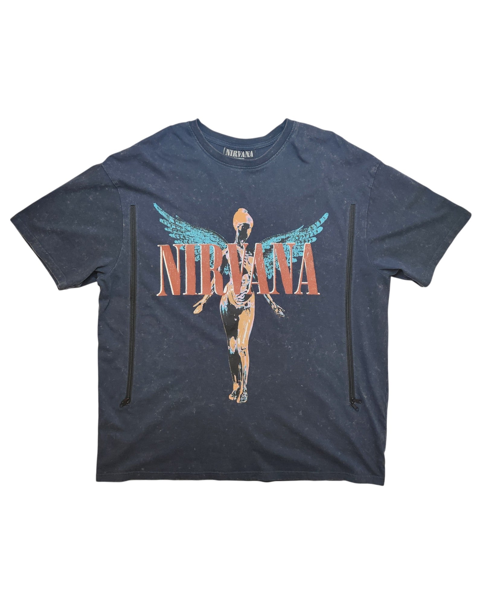A grey/turquoise Primark Nirvana Angel band t-shirt (UK14/16, upcycled for breastfeeding and pumping)—a trendy, eco-friendly choice for nursing moms who love music-inspired style.