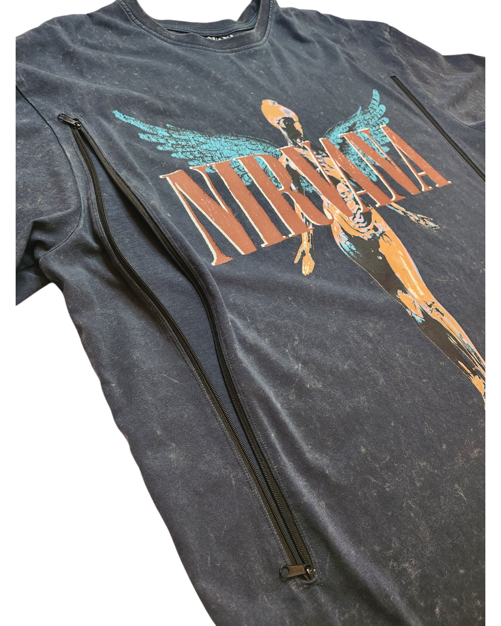 A Primark upcycled grey/turquoise Nirvana Angel band t-shirt (size L UK14/16) with two front zippers—designed for breastfeeding and pumping. Eco-friendly, edgy fashion for Nirvana fans.