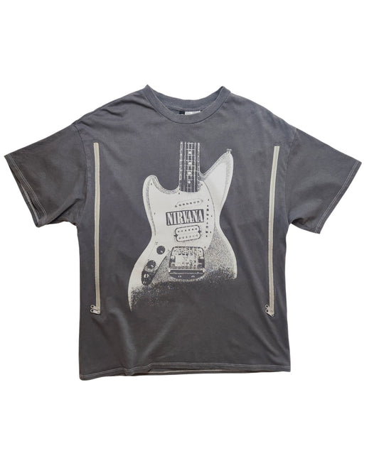 The H&M Upcycled Breastfeeding & Pumping Grey Nirvana Guitar Band T-shirt (XS) features a bold electric guitar graphic with Nirvana on its body and two vertical zippers from armpit to hem, adding style and nursing convenience.