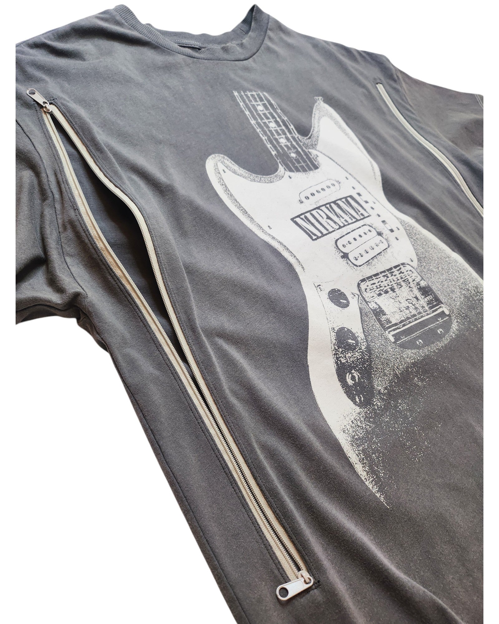 The H&M Upcycled Breastfeeding & Pumping Grey Nirvana Guitar Band T-shirt (XS) features a white guitar graphic, two side zippers, and is made from eco-friendly upcycled clothing for a unique style.