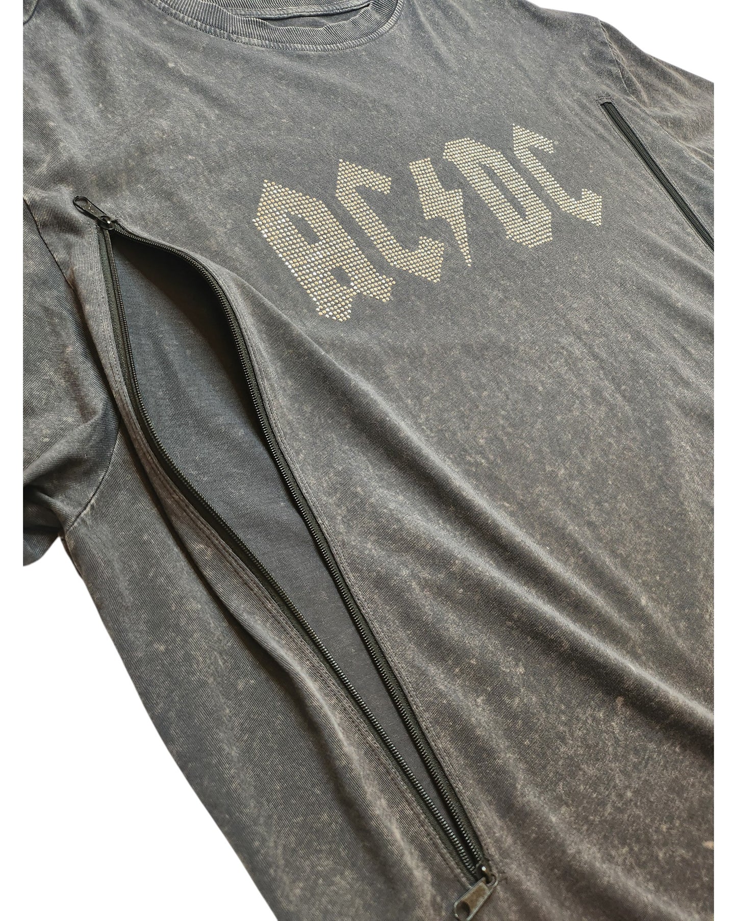 An upcycled gray New Look AC/DC Diamante Band t-shirt (UK14) with partial side chest zippers for breastfeeding or pumping. Features the iconic white AC/DC logo—an edgy, eco-friendly pick for nursing and band tee fans.