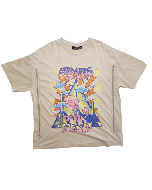 Primark’s Upcycled Breastfeeding & Pumping Cream Pink Floyd 1977 Band t-shirt (L) features colorful retro graphics with an illustrated pig, clouds, sun rays, and eco-friendly materials.