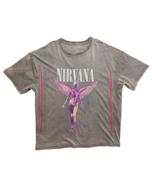 A beige/grey upcycled Nirvana band t-shirt (L) by Primark, designed for breastfeeding and pumping—combining style and function for music-loving moms seeking unique nursing wear.