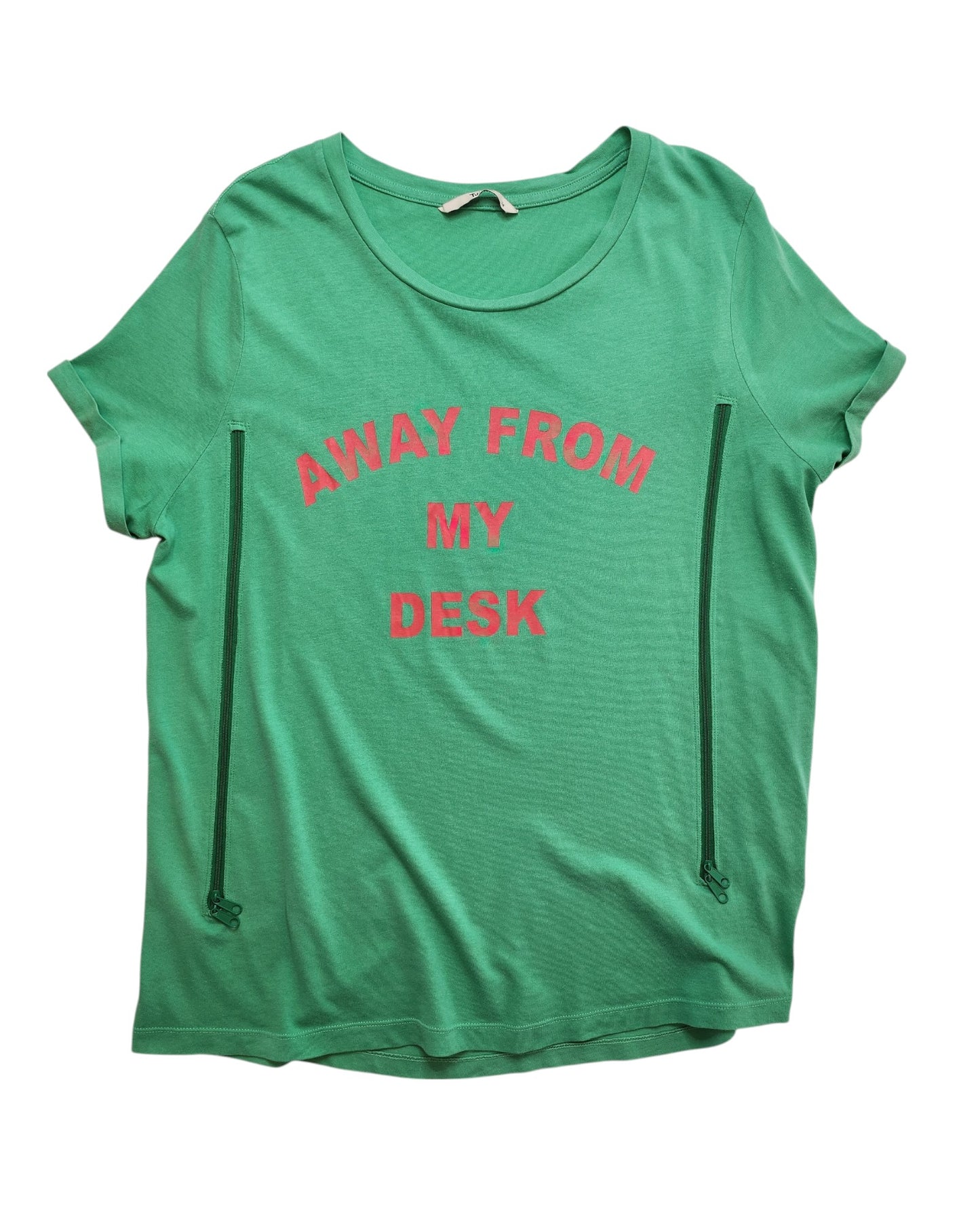 The Tu Upcycled Breastfeeding & Pumping Away From My Desk t-shirt UK14 features short sleeves, bold red lettering on the front, and two vertical zippers for convenient nursing access.