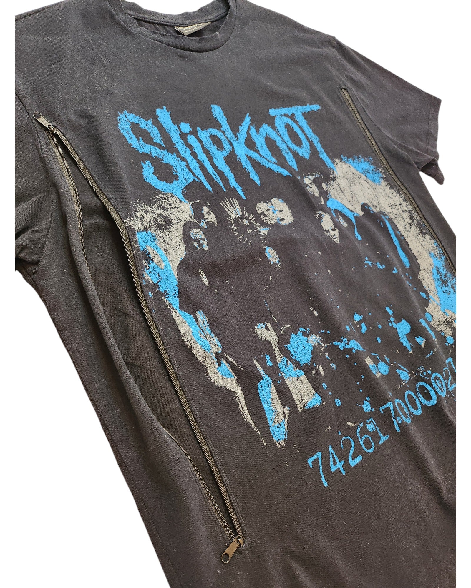 Upcycled Primark Slipknot band t-shirt (M) in black/blue, features the bands logo, member graphic, 742617000027 numbers, chest zippers for easy breastfeeding/pumping—crafted from preloved clothing for a unique look.