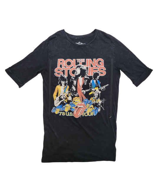 Upcycled UK8 Boohoo Black Rolling Stones Band t-shirt dress for breastfeeding & pumping, featuring colorful band graphics, 87 BUS TOUR text, and iconic tongue logo—crafted from preloved clothing for an eco-conscious style.