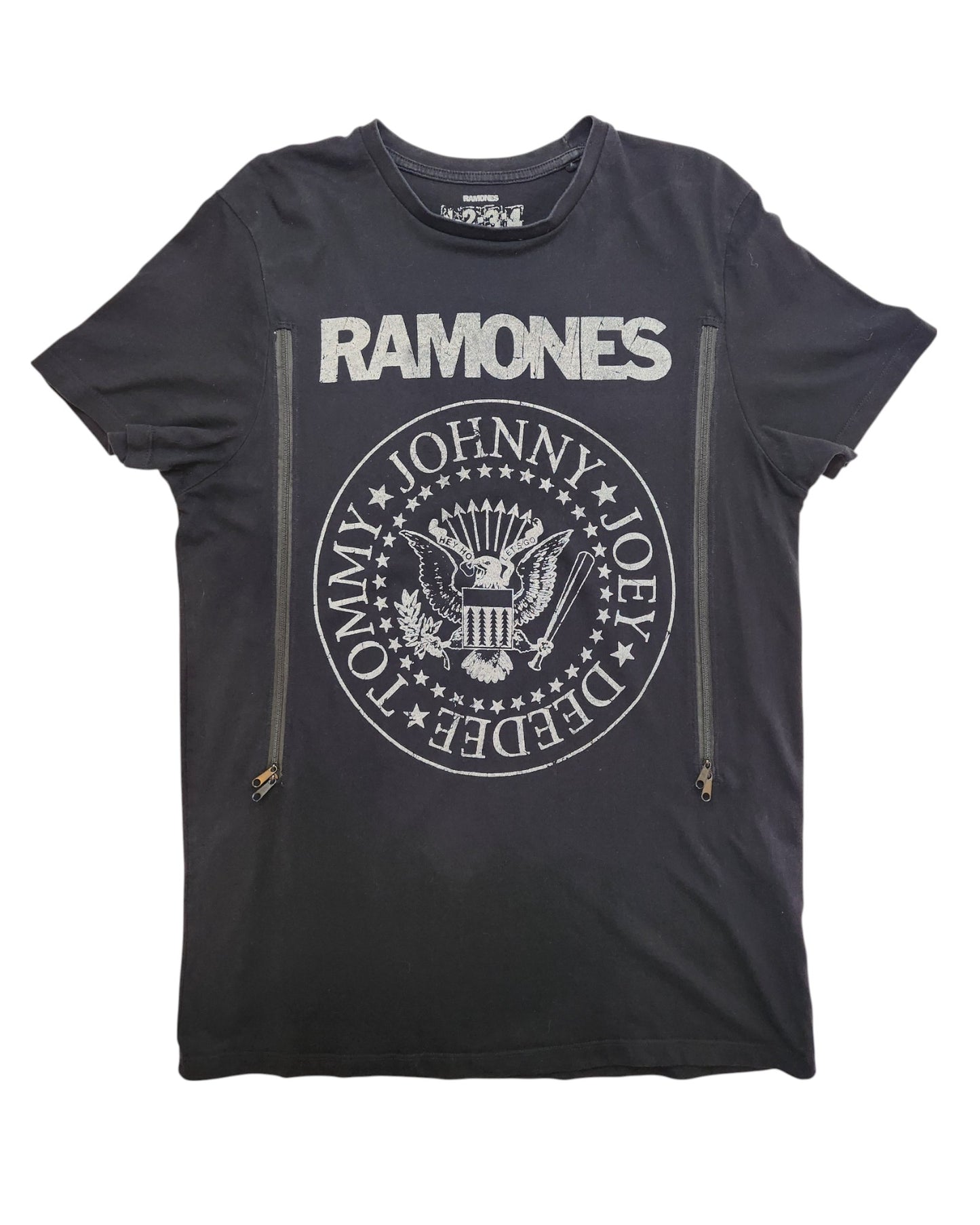 Primark Upcycled Breastfeeding & Pumping Ramones Band t-shirt (L): Black tee with iconic logo, names in a circle, and two vertical zippers for easy nursing—unique style and function for rock fans.