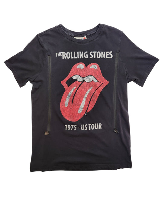 H&M Upcycled Breastfeeding & Pumping Black The Rolling Stones Band t-shirt (S) featuring the iconic tongue logo, “The Rolling Stones 1975 - US Tour” white text, and two vertical zippers for nursing—crafted from eco-friendly, upcycled materials.
