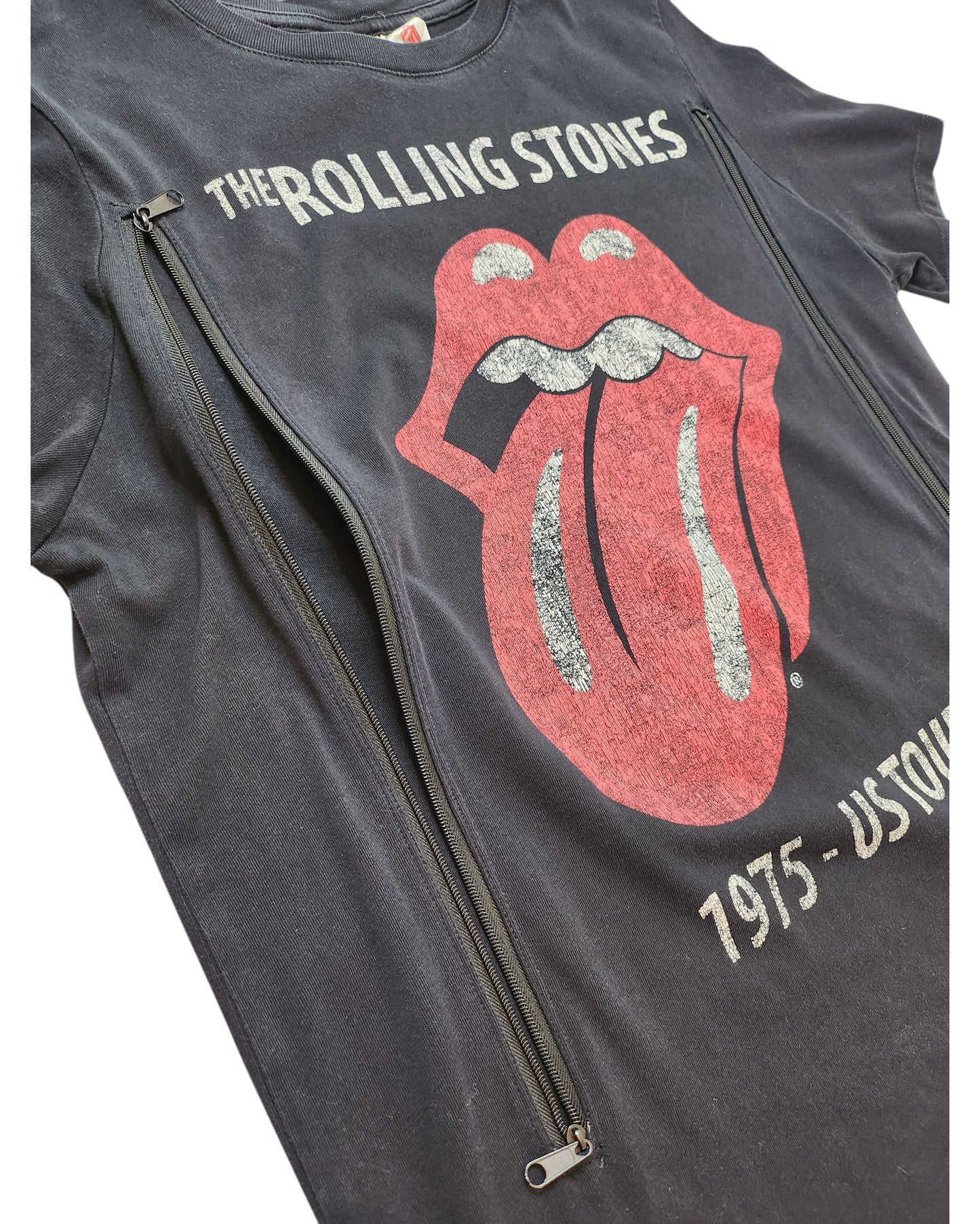 The H&M Upcycled Breastfeeding & Pumping Black The Rolling Stones Band t-shirt (size S) features the iconic red tongue and lips graphic with THE ROLLING STONES text, “1975” below, and two vertical zippers for nursing or pumping access.