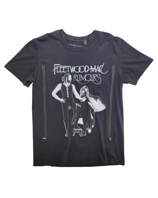 Upcycled black Fleetwood Mac Rumours t-shirt (UK10) for breastfeeding and pumping, featuring album cover art—ideal for classic rock fans seeking stylish preloved maternity wear.