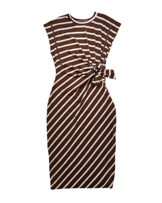 Upcycled brown/cream striped breastfeeding (nursing) & pumping dress, size L by TikTok, featuring sleeveless design and side knot waist detail.