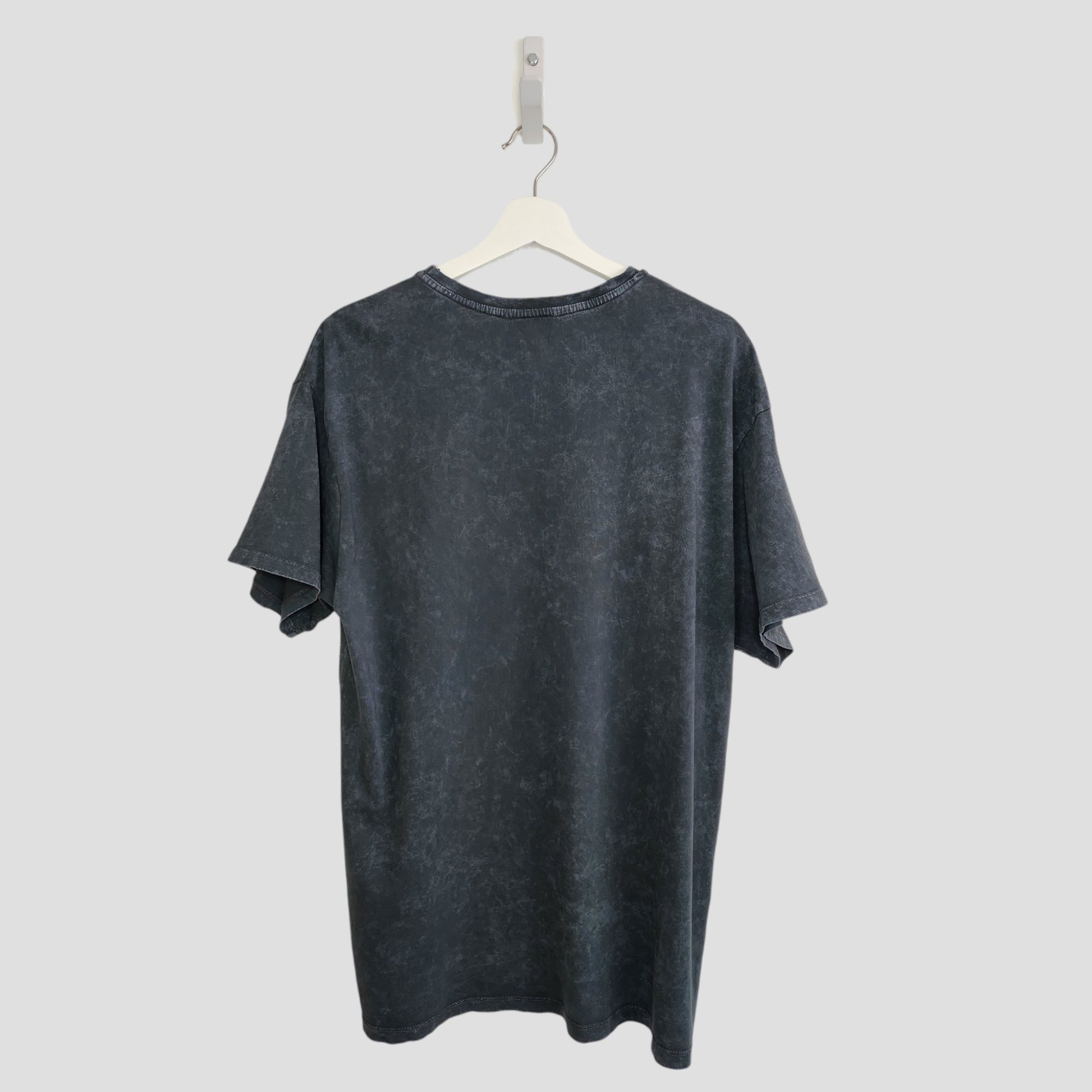 A New Look Upcycled Breastfeeding & Pumping Grey Roses Cross Guns n Roses Band t-shirt (UK14) is displayed on a white hanger, back side visible, against a light gray background.