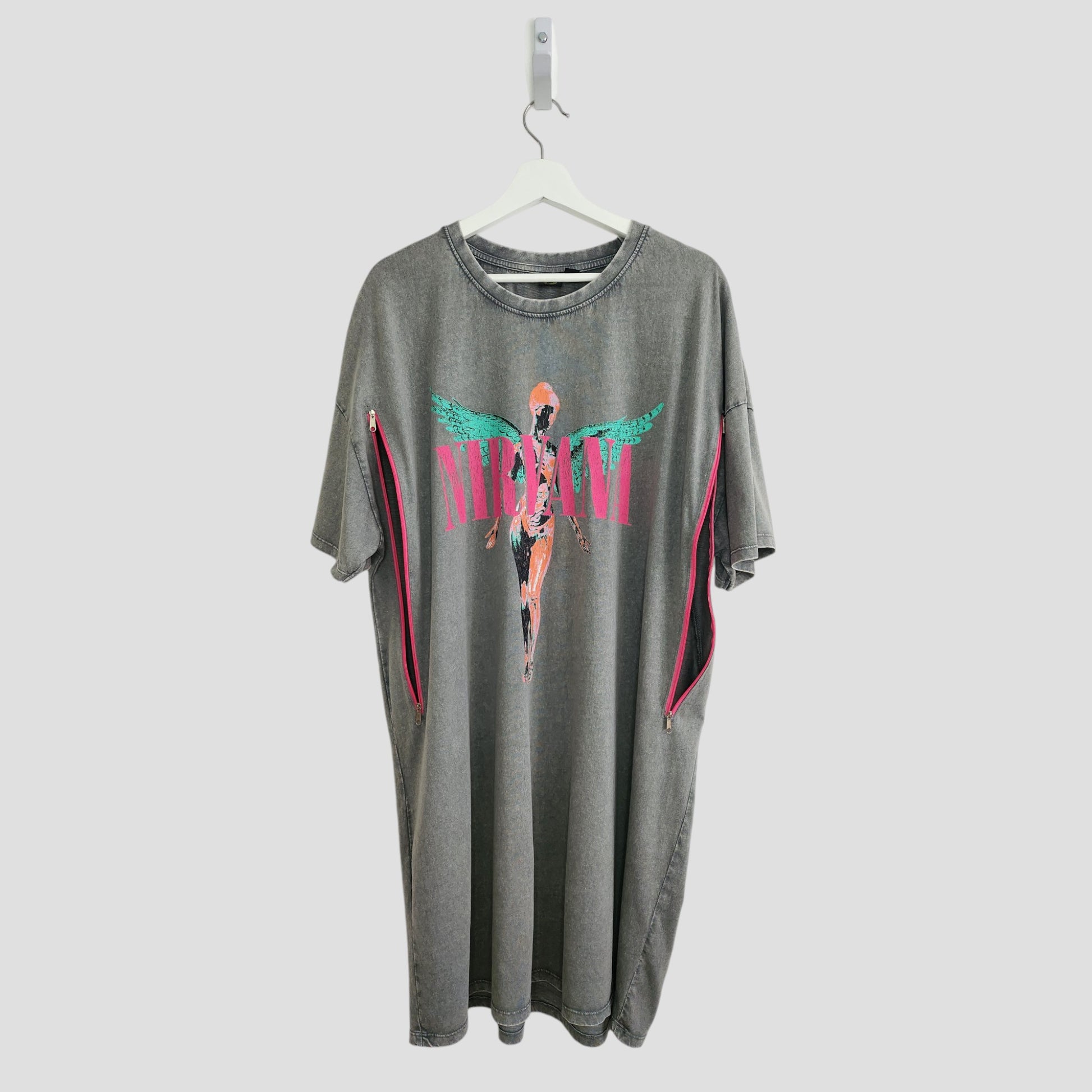 Primark Upcycled Breastfeeding & Pumping Grey/Pink Nirvana Angel t-shirt dress (L, UK14/16) features a colorful logo, angel graphic, pink zippered sides, and short sleeves—crafted from eco-friendly materials.