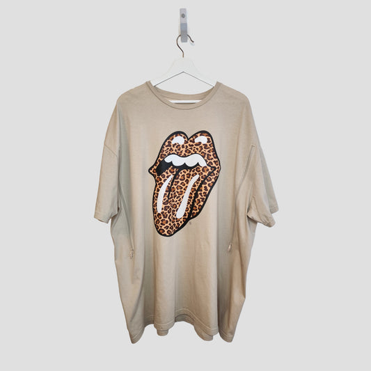 Upcycled The Rolling Stones Breastfeeding & Pumping T-shirt (3XL, Beige Leopard) on white hanger—eco-friendly maternity wear blending comfort and style with a bold lips and tongue graphic.