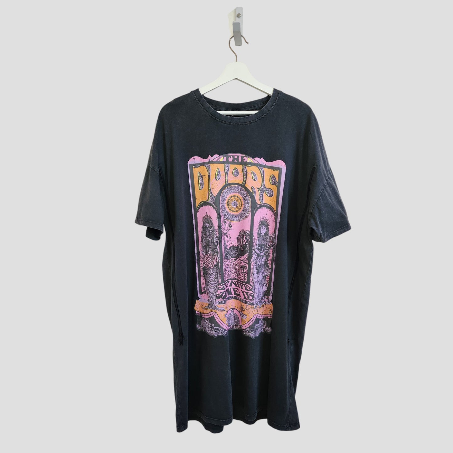 The Primark Upcycled Breastfeeding & Pumping The Doors Band Oversized T-shirt Dress (M, UK12/14) features a colorful purple, yellow, and orange band logo graphic—crafted sustainably from preloved nursing wear.