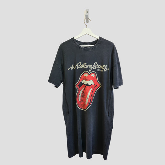 An upcycled Primark The Rolling Stones oversized nursing/pumping t-shirt dress (S UK10/12) in grey/red, featuring the iconic tongue logo and EST 1976 print—ideal for breastfeeding fans of the band.
