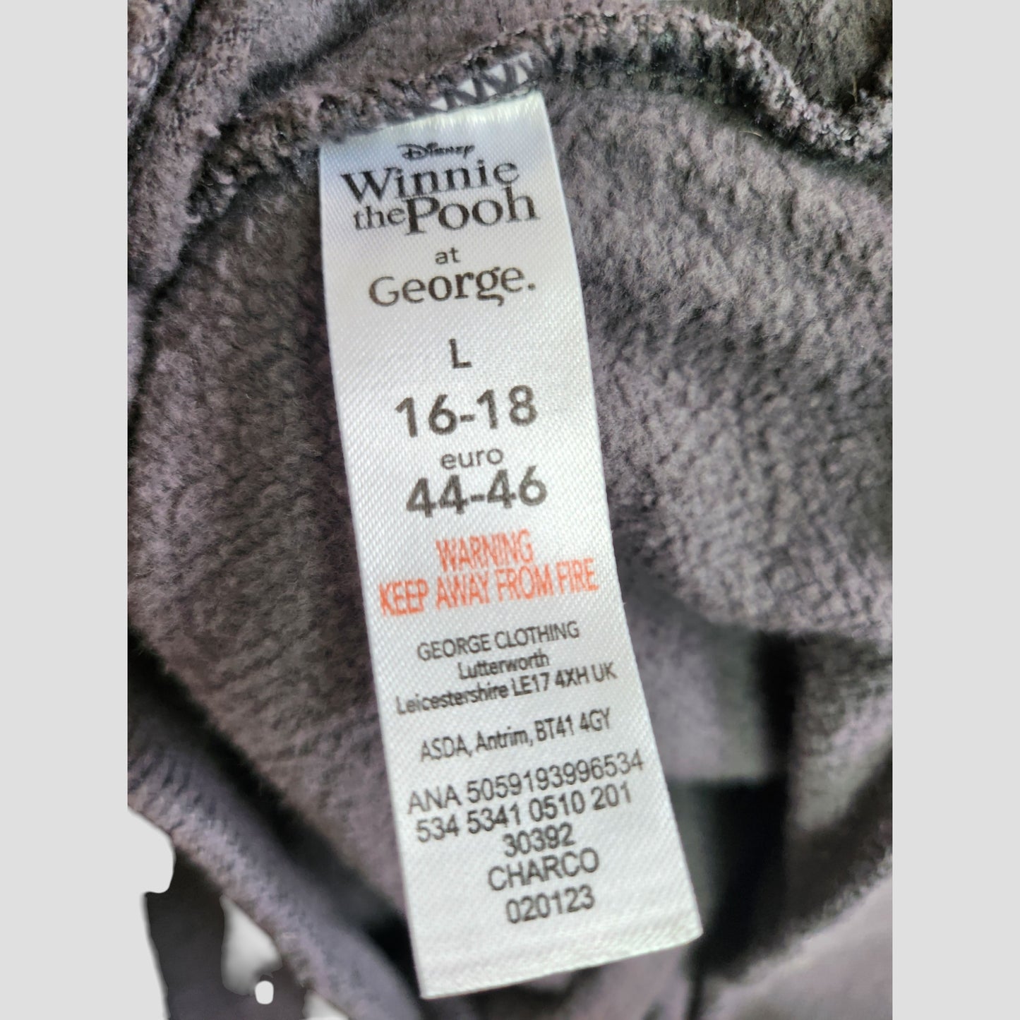 A gray Disney Winnie the Pooh "Bother" sweatshirt label by George, size L (16-18 UK, 44-46 EU). Ideal for upcycled breastfeeding or pumping clothing, or your eco-friendly nursing collection. Includes fire safety and address info.