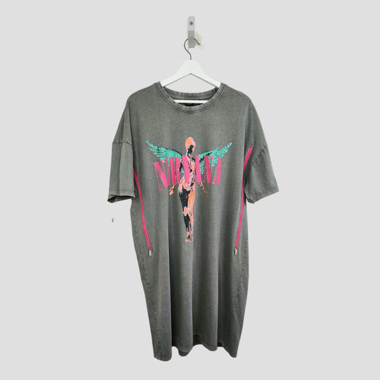 Primark Upcycled Breastfeeding & Pumping Grey/Pink Nirvana Angel Oversized Band t-shirt dress (M, UK12/14) crafted from preloved clothing, features a bold graphic and hangs on a white hanger against a plain background.