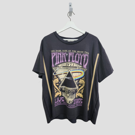 An upcycled H&M Pink Floyd grey rainbow band T-shirt (XL, 100207) for breastfeeding and pumping—perfect for preloved nursing wear fans seeking unique, comfortable style.