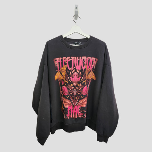 Primark upcycled breastfeeding & pumping sweatshirt, size L (UK14/16): black with bold pink "Fleetwood Mac" and floral butterfly designs in pink and orange—eco-friendly, affordable style.