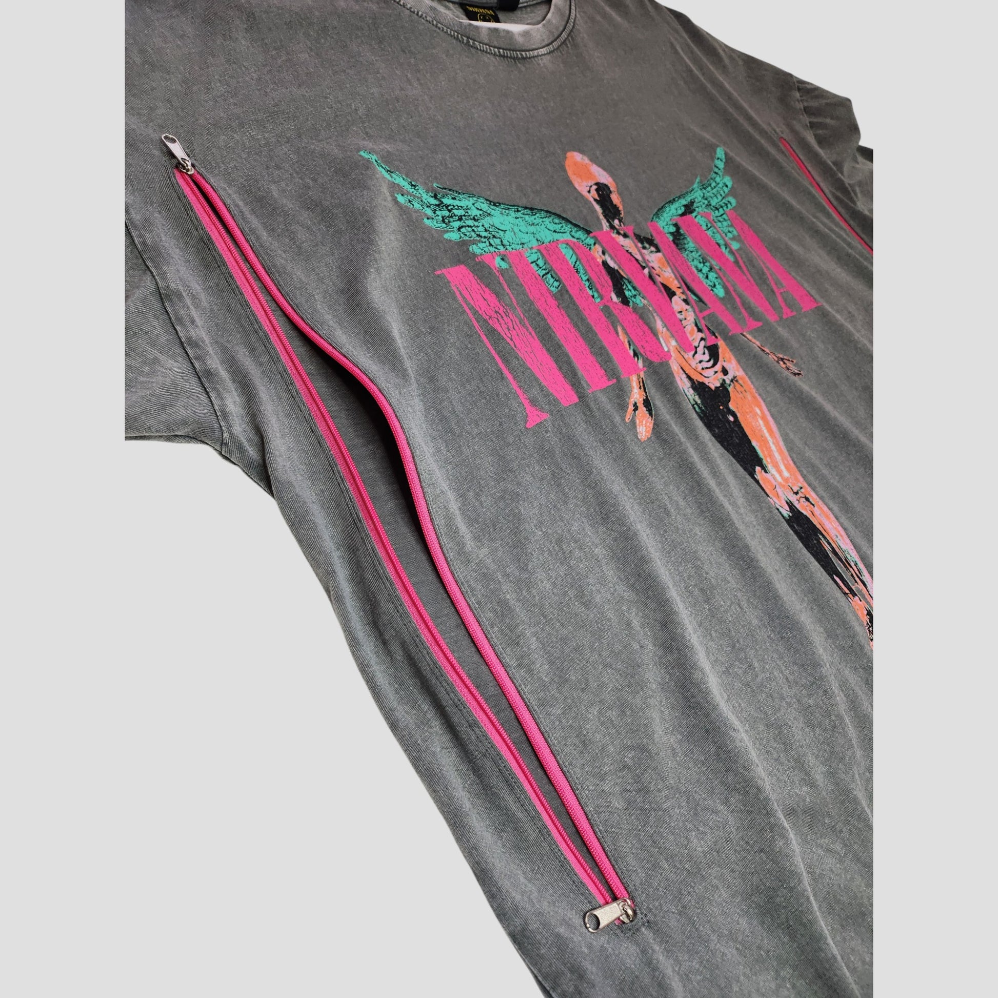 The Primark Upcycled Breastfeeding & Pumping Grey/Pink Nirvana Angel Oversized Band t-shirt dress (M, UK12/14) features pink zippers for easy nursing and a unique angel graphic with pink-green text—perfect for functional, standout style.
