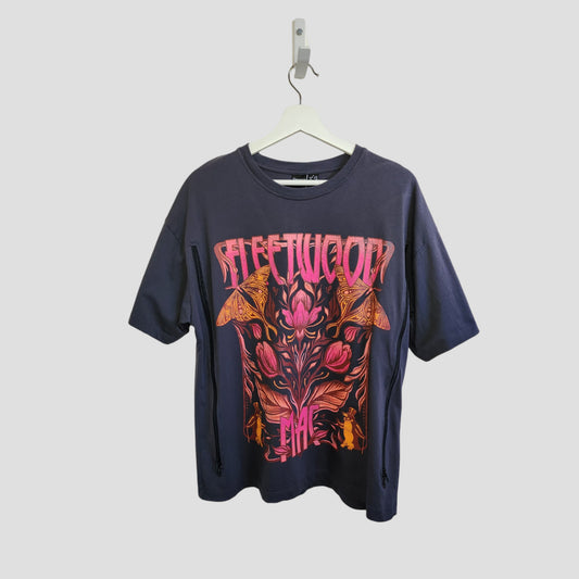 An oversized grey Primark Fleetwood Mac floral band t-shirt (S, UK10/12), upcycled from breastfeeding clothing for eco-friendly maternity style.