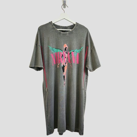 Upcycled Breastfeeding (Nursing) & Pumping Grey/Pink Angel Nirvana Band Oversized t-shirt dress M (UK12/14) (100192)