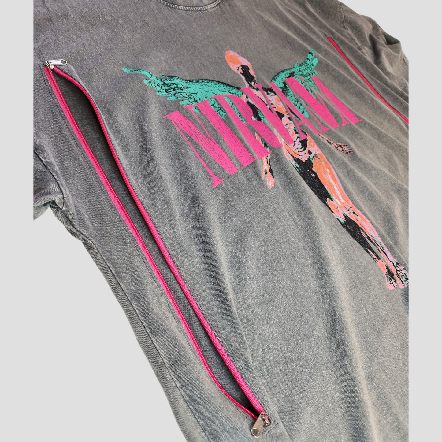 Upcycled Breastfeeding (Nursing) & Pumping Grey/Pink Angel Nirvana Band Oversized t-shirt dress M (UK12/14) (100192)