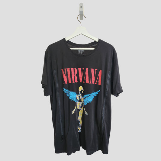 The Nirvana Upcycled Breastfeeding & Pumping Black/Turquoise Band T-shirt (XXL) features the band's logo and angel graphic—an eco-friendly, maternity style essential for nursing or pumping moms.