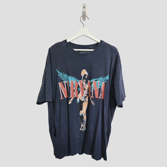 An upcycled Primark Nirvana band T-shirt (L, UK14/16) in grey/turquoise with a winged anatomical figure and bold red band name—eco-friendly nursing & pumping style with iconic appeal.