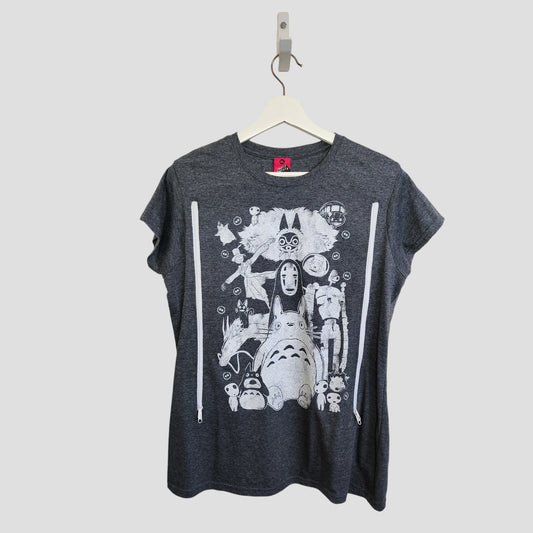 The Truffle Shuffle Upcycled Breastfeeding & Pumping Washed Out Totoro t-shirt XL features white Studio Ghibli character illustrations on dark gray eco-friendly fabric, perfect for conscious fans.