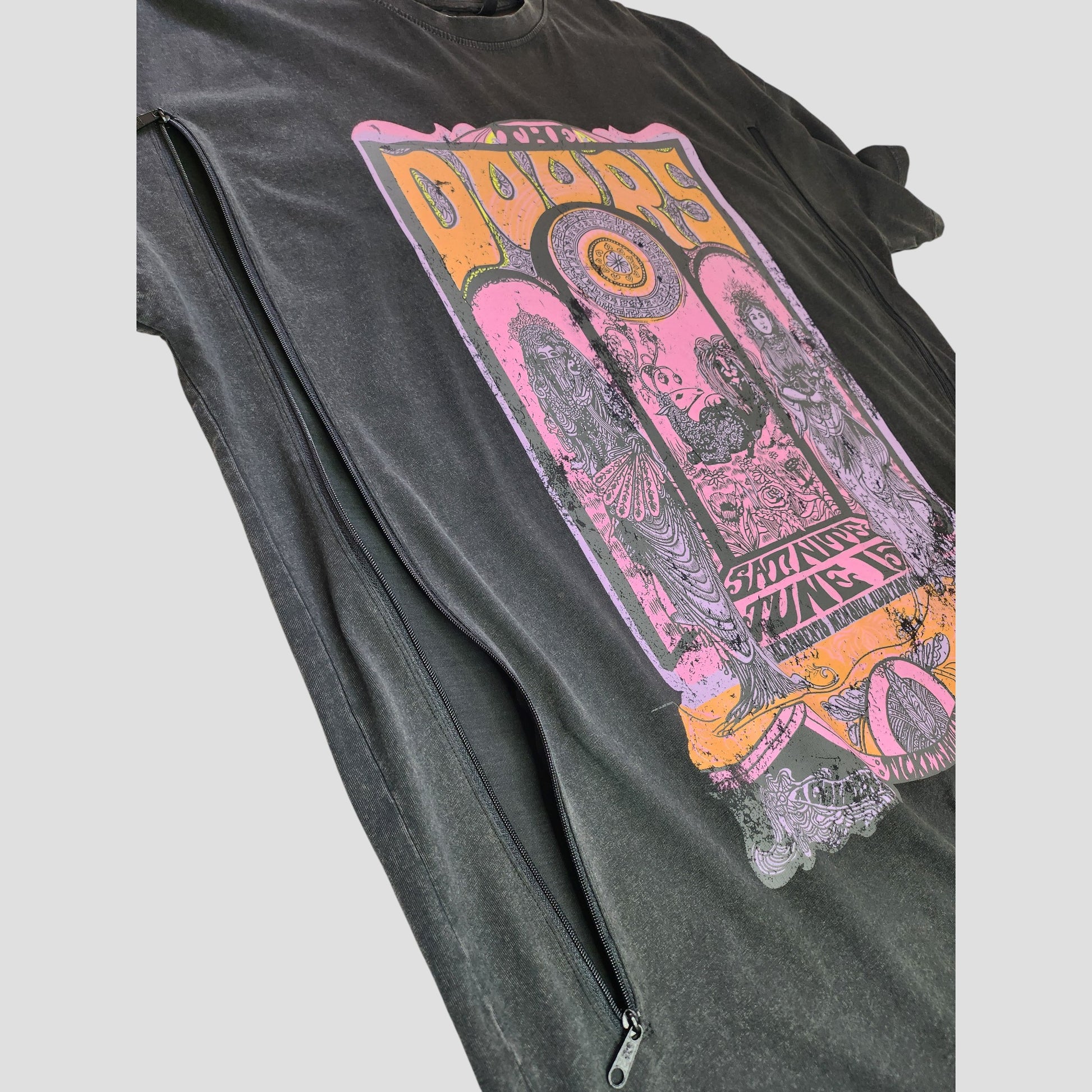 The Primark Upcycled Breastfeeding & Pumping The Doors Band oversized black T-shirt dress (M, UK12/14) features a colorful vintage-style graphic and a handy diagonal zipper for stylish, eco-friendly nursing access.