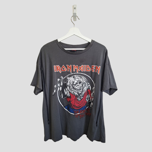 An upcycled George breastfeeding and pumping Iron Maiden band t-shirt in grey with red glitter logo (UK18)—a bold, preloved choice for fans seeking unique maternity wear.