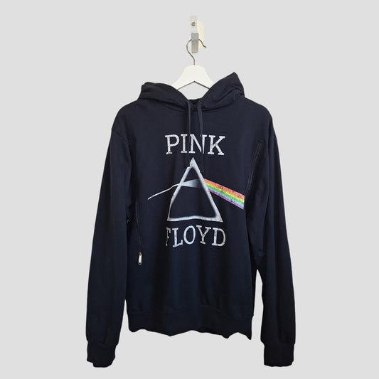 The George Upcycled Breastfeeding & Pumping Black Pink Floyd Rainbow Band Hoodie (L, 100337) features a prism and rainbow logo design—crafted from upcycled materials for an eco-friendly touch. Hangs on a white hanger against a light gray background.