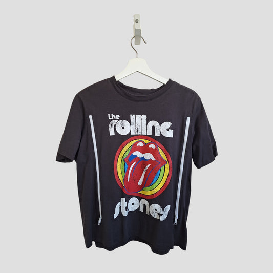 The H&M Upcycled Breastfeeding & Pumping Rainbow The Rolling Stones Band T-shirt (M) features the iconic red tongue and lips logo in a rainbow circle with white band text—an eco-friendly, music-inspired maternity piece.