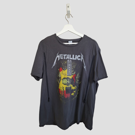 The Upcycled Amplified Breastfeeding & Pumping Metallica Guitar Band T-shirt XL (100353) in black features a red and yellow guitar graphic—an eco-friendly, affordable choice from our preloved collection. Displayed on a white hanger.