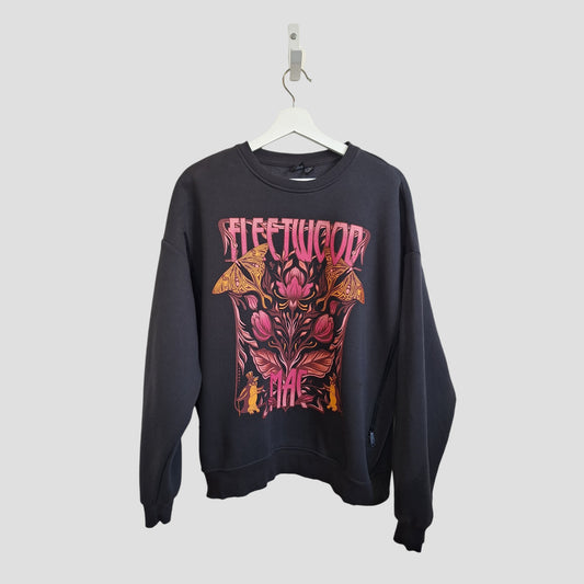 Primark Upcycled Breastfeeding & Pumping Dark Grey Fleetwood Mac Floral Band Sweatshirt (M/UK12-14, 100027) with bold pink "Fleetwood" lettering and abstract florals—made from preloved clothing for an eco-friendly, affordable choice.