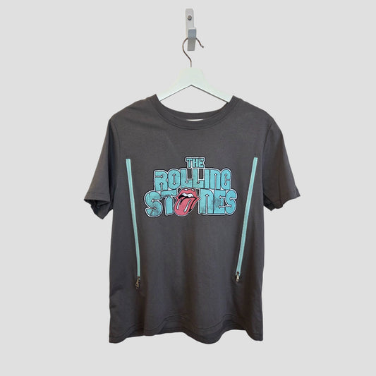 The Rolling Stones Upcycled Breastfeeding & Pumping T-shirt in grey/turquoise (L) features the band's logo and side zippers for nursing—ideal upcycled wear for music-loving moms.