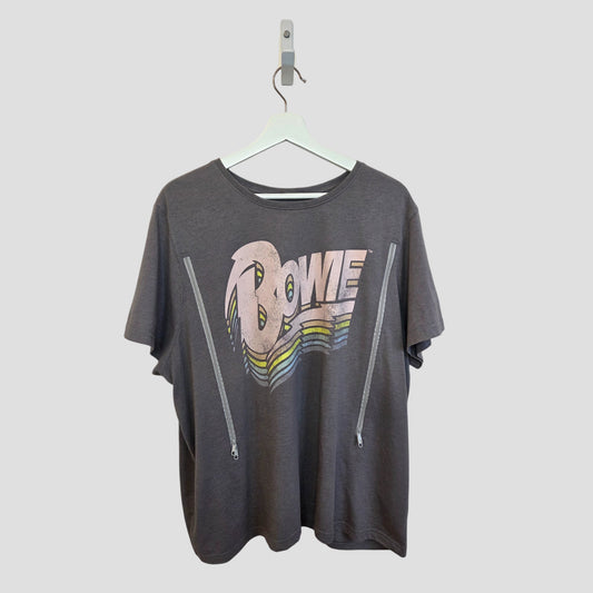The Tu Upcycled Breastfeeding & Pumping Grey/Pastel Bowie Band t-shirt (UK22) features retro-style "Bowie" lettering with a rainbow underline and two zip details—an affordable, standout plus-size top perfect for nursing moms.