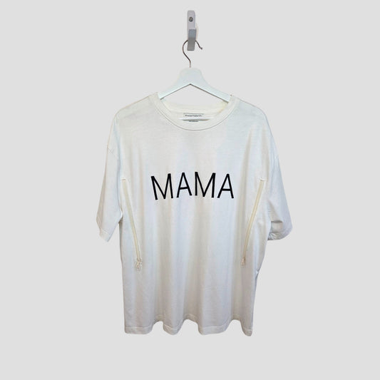 The Primark Upcycled Breastfeeding & Pumping White/Black MAMA t-shirt (M, 100373) hangs on a white hanger against a plain background, featuring bold black "MAMA" lettering on the front.