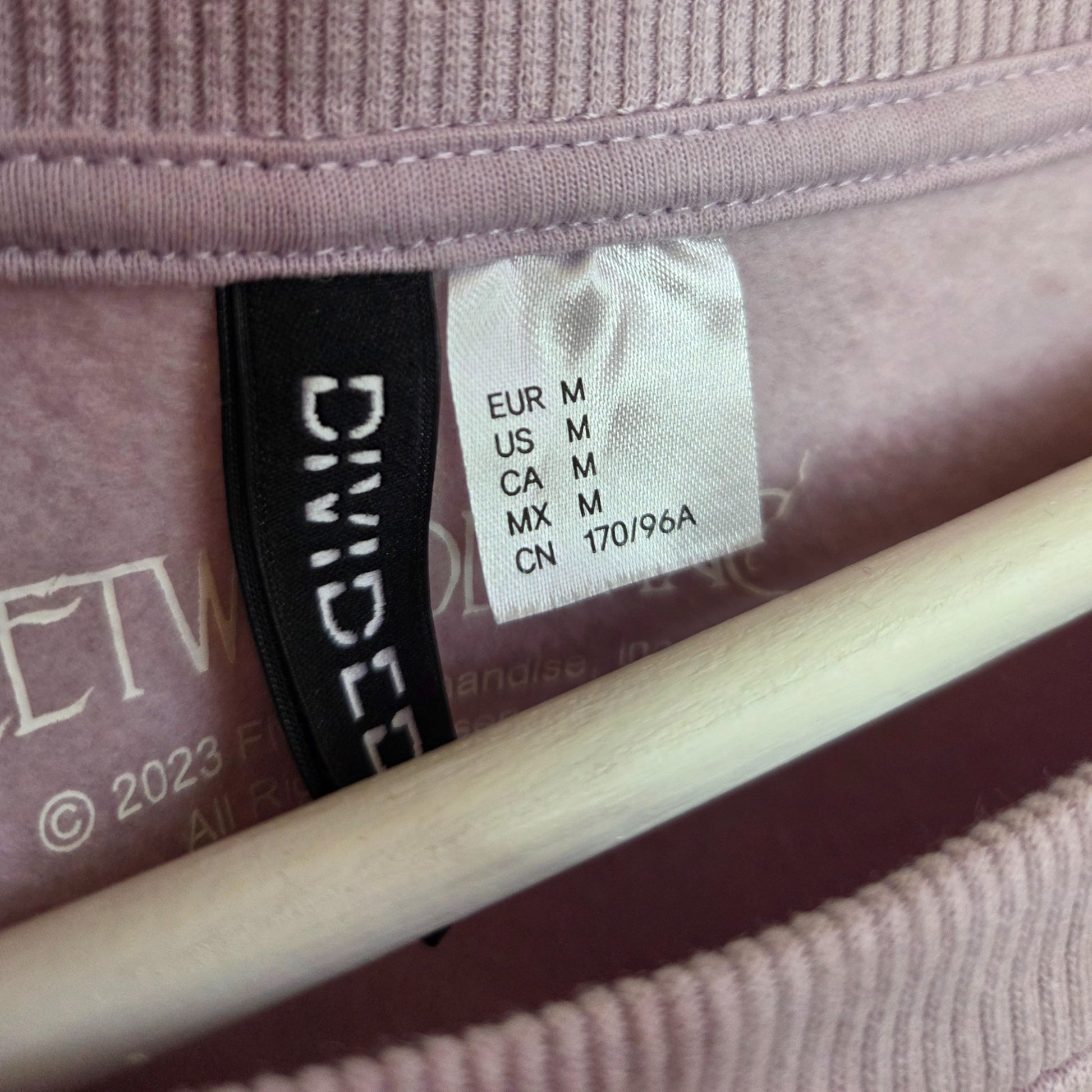 A close-up of the H&M Upcycled Breastfeeding & Pumping Lilac Fleetwood Mac Band Sweatshirt (size M for EU/US/CA/MX, 170/96A for CN) shows the black label reading DIVIDED inside.