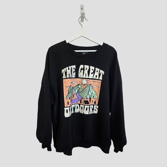 The Primark Upcycled Breastfeeding & Pumping The Great Outdoors Sweatshirt (L, UK14/16) features a mountain, river, trees, and sun graphic with "The Great Outdoors" text. This eco-friendly top offers stylish comfort for breastfeeding moms.