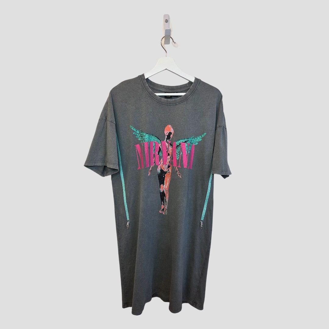 A gray short-sleeve Primark dress (UK10/12) on a hanger, featuring “NIRVANA” in pink above a turquoise and red winged figure—a unique, affordable upcycled option among nursing and pumping clothing.