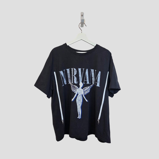 An upcycled H&M Nirvana Angel Band breastfeeding & pumping t-shirt in grey and white, XL size, hangs on a white hanger against a light gray background—perfect for fans seeking affordable maternity wear.