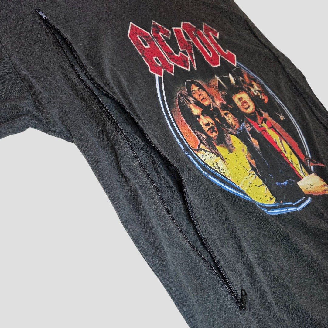 A black Primark Upcycled Breastfeeding & Pumping AC/DC Faces Band t-shirt dress (L, UK14/16) with discreet nursing features, perfect for breastfeeding and pumping.