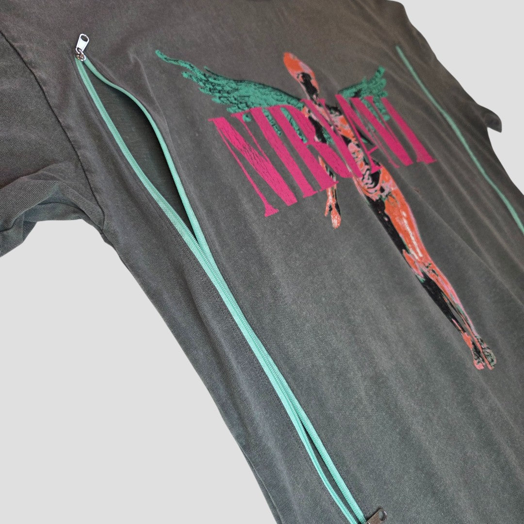 The Primark Upcycled Breastfeeding & Pumping Grey/Pink Angel Nirvana Band t-shirt dress (S, UK10/12) features In Utero cover art and discreet pale blue side zippers for affordable, stylish nursing wear.