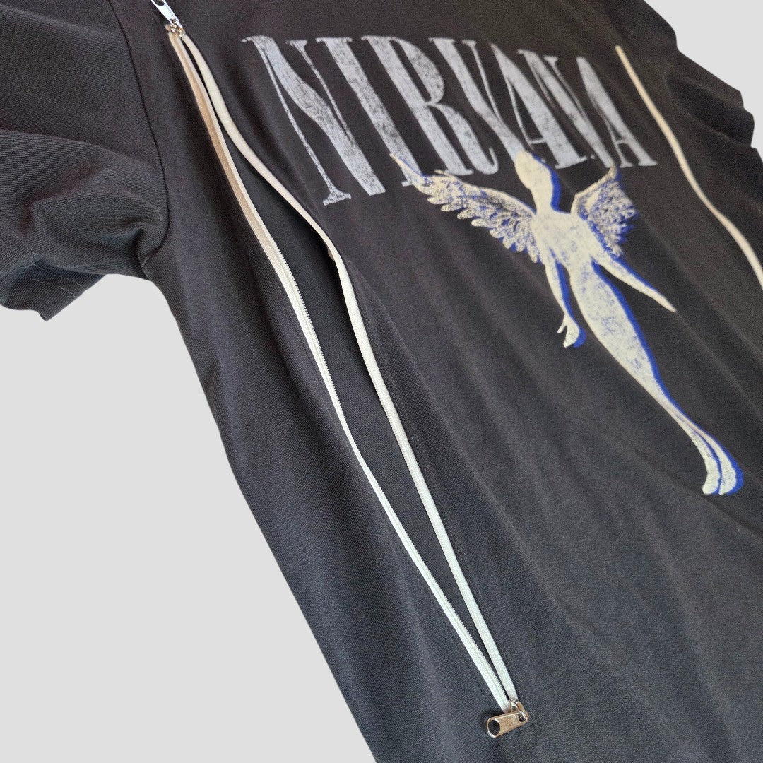 An upcycled H&M Nirvana Angel Band T-shirt in grey and white (XL, 100460) with vertical zippers for easy nursing and pumping—combining edgy style and breastfeeding convenience.