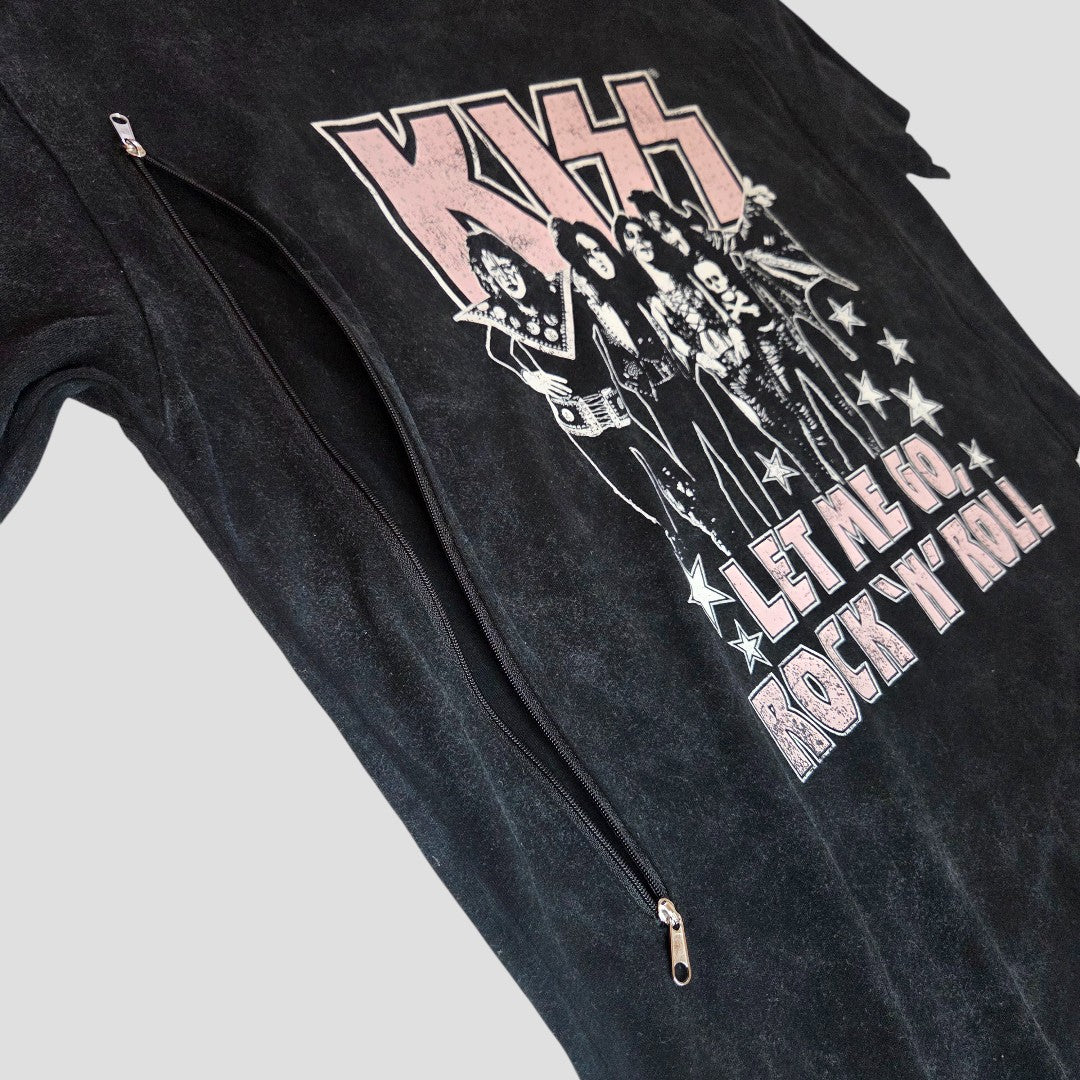 KISS Upcycled Breastfeeding & Pumping Black Band T-shirt Dress UK12 (100284)—features a LET ME GO, ROCK N ROLL graphic and diagonal zipper for easy nursing. Stylish, eco-friendly option from KISS.