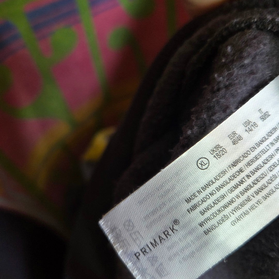 A close-up of a Primark label on an upcycled breastfeeding/pumping grey Pink Floyd band sweatshirt (XL/UK18/20) shows care instructions and "Made in Bangladesh," with the brand name at the bottom.