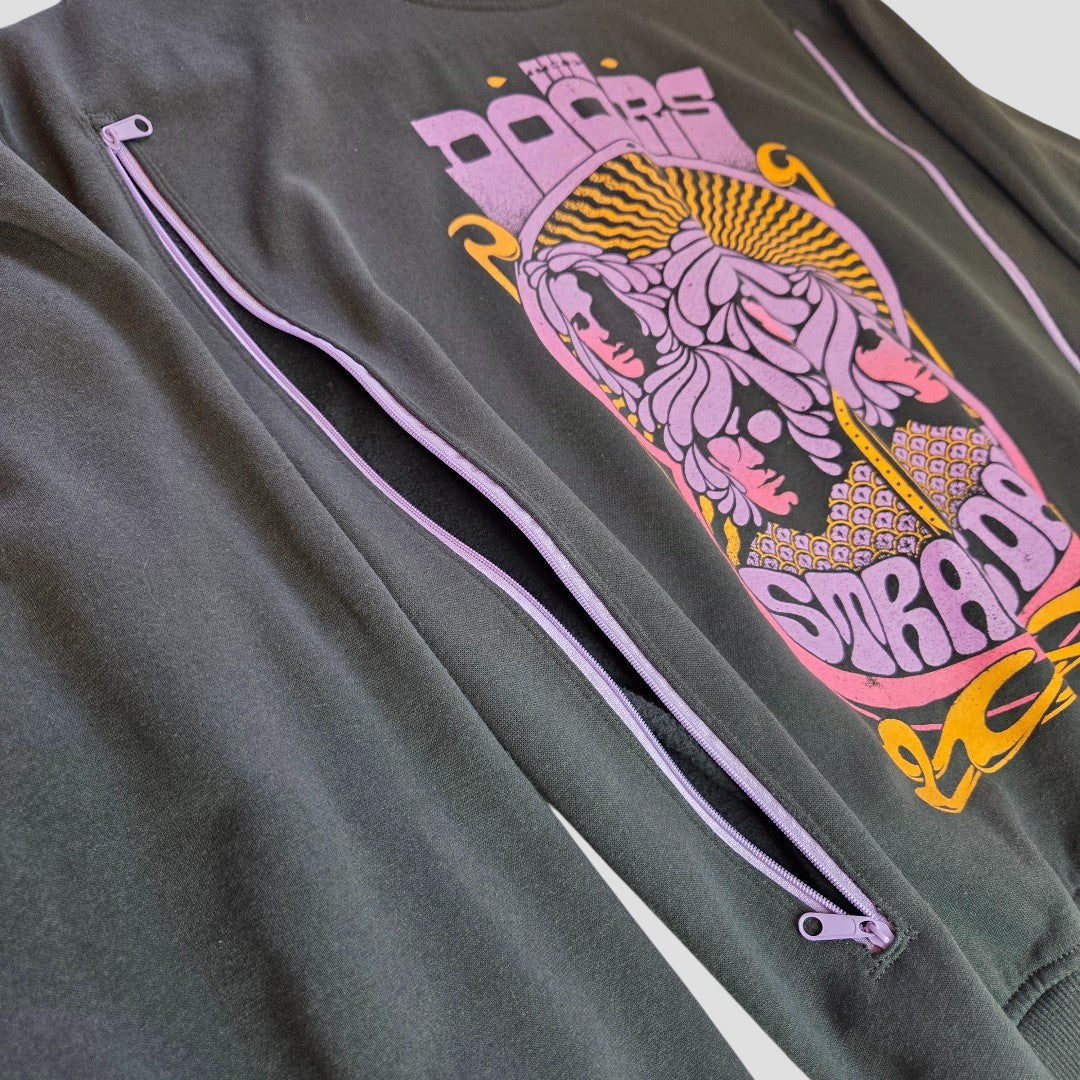 The H&M Upcycled Breastfeeding & Pumping The Doors Purple Band Sweatshirt (M) features a vibrant band graphic, “Strange” text, and two vertical purple zippers for nursing—stylish and eco-friendly for breastfeeding moms.